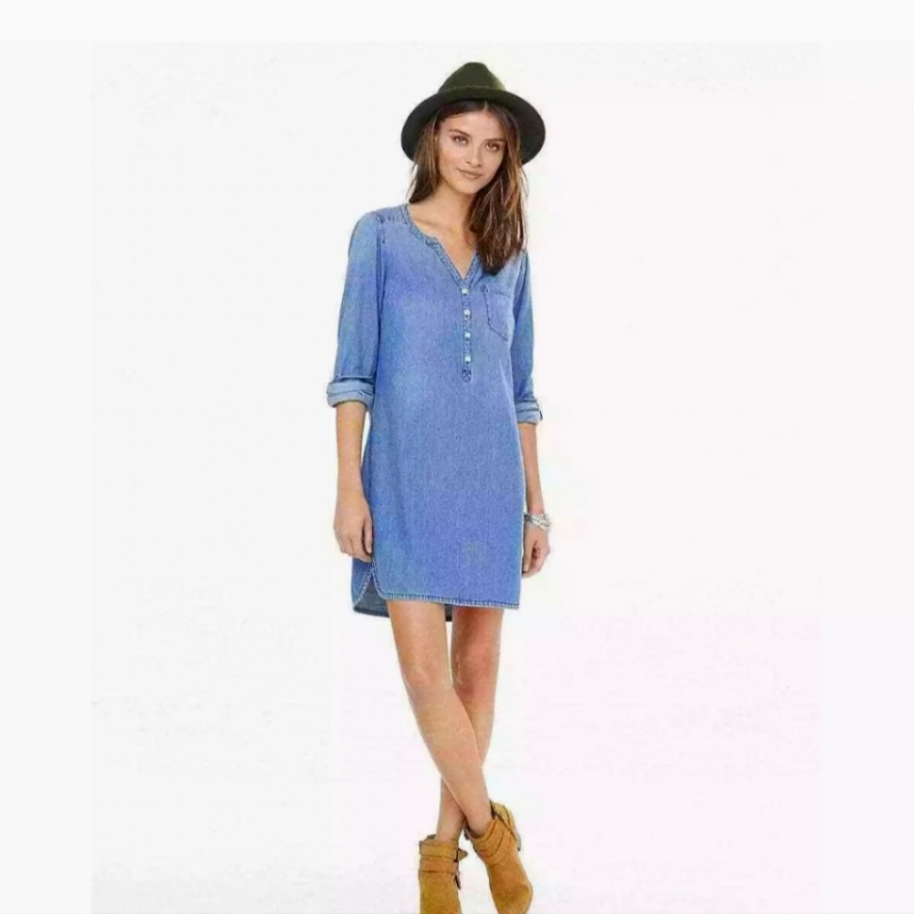 Express chambray denim cotton popover mini dress v neck long sleeve